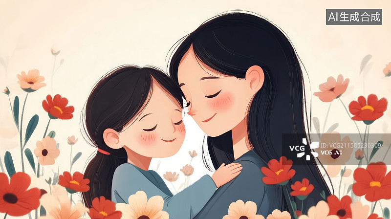 【AI数字艺术】妈妈和孩儿拥抱温馨场景，母亲节感恩节主题插画图片素材