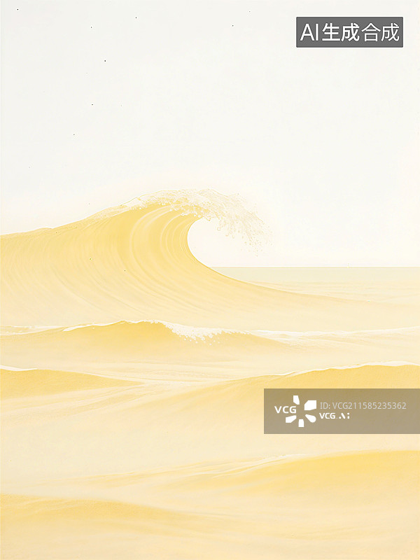 【AI数字艺术】金色海浪起伏连绵，顶部泡沫随风飘扬，形成柔和的曲线和阴影图片素材