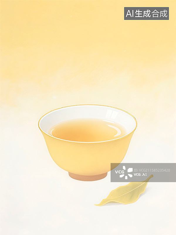 【AI数字艺术】茶杯中盛满茶水，旁边有一片黄色茶叶，背景为柔和的黄色渐变图片素材