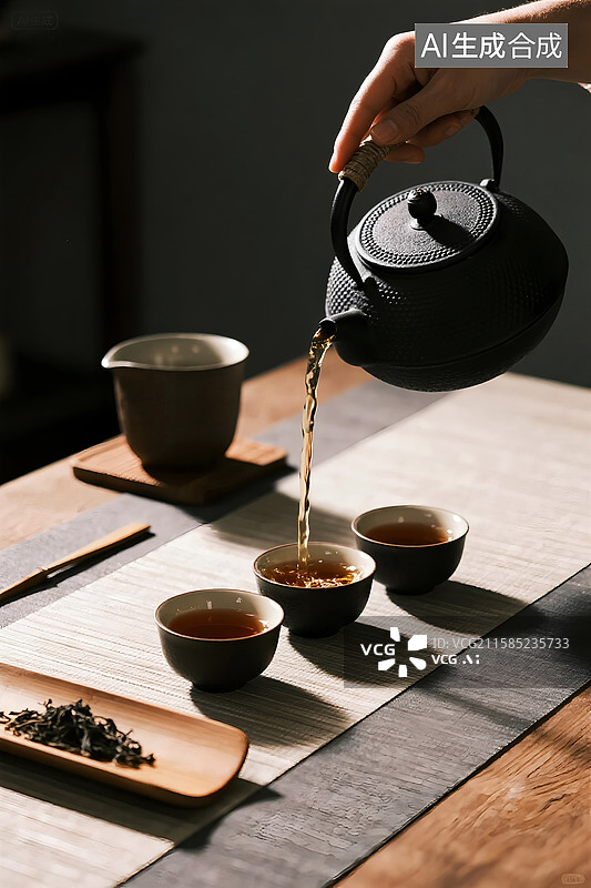 【AI数字艺术】手持铁壶向盖碗中倒茶，中国传统文化茶道图片素材