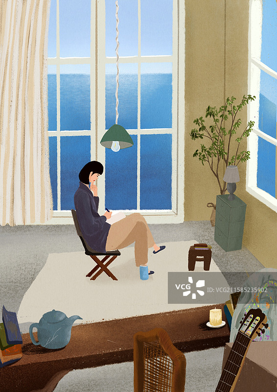 女孩在家里一个人安静的看书图片素材