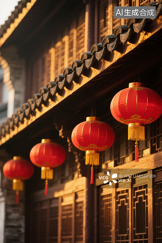 【AI数字艺术】古建筑檐下悬挂的红色灯笼图片素材