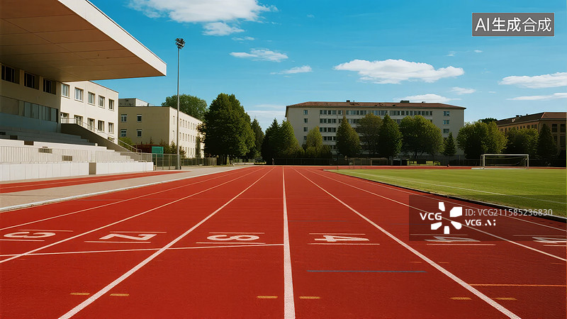 【AI数字艺术】红色跑道与运动场全景图片素材