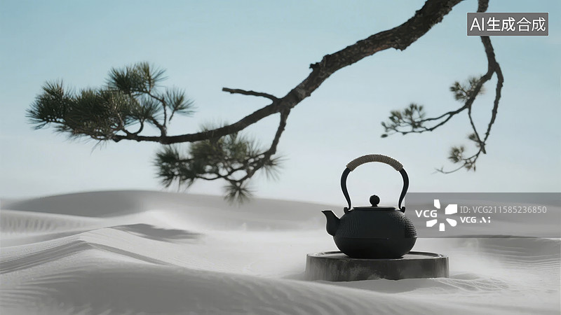 【AI数字艺术】沙漠松枝下的茶壶图片素材