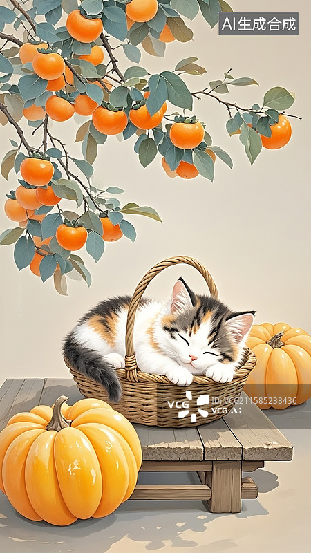 【AI数字艺术】工笔插画,结满柿子的树下，软萌的小奶猫咪,躺在木桌子上的竹篮里睡得香甜图片素材