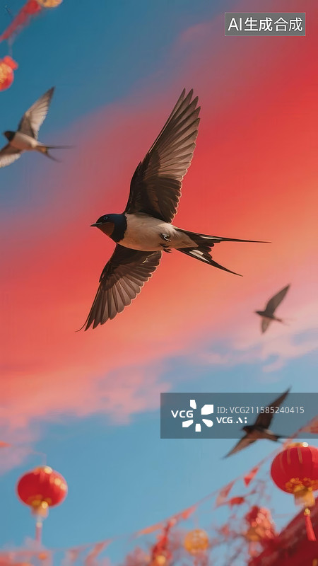 【AI数字艺术】飞翔的鸟与红灯笼图片素材