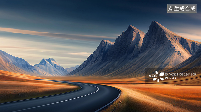 【AI数字艺术】高山下蜿蜒的公路汽车广告背景图图片素材