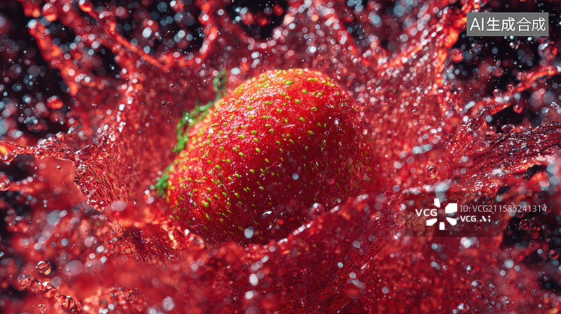【AI数字艺术】草莓与红色液体碰撞瞬间图片素材