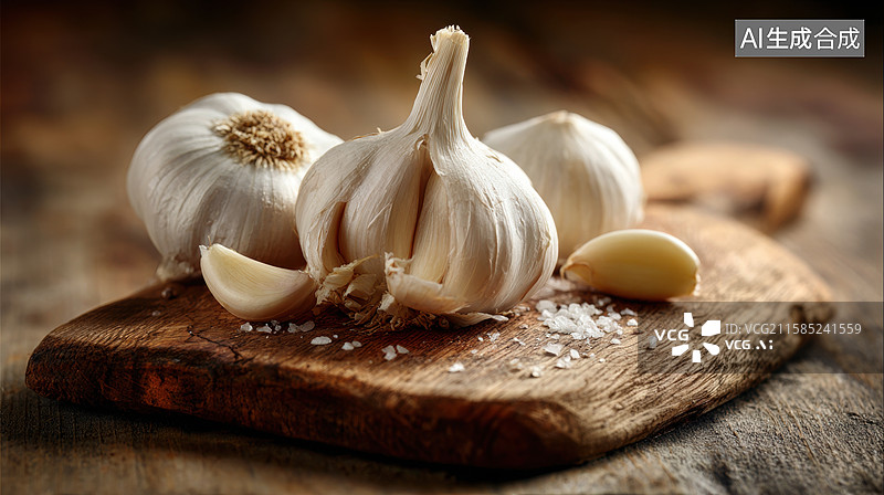 【AI数字艺术】新鲜大蒜置于木质砧板上图片素材