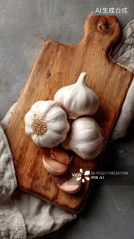 【AI数字艺术】木板上的大蒜与蒜瓣图片素材