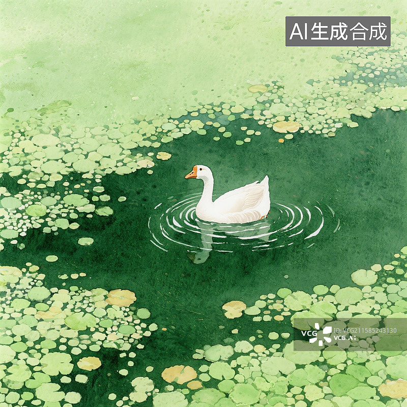 【AI数字艺术】水彩画，绿色浮萍的水面上游着一只白鹅，白鹅游过水面阵阵涟漪图片素材