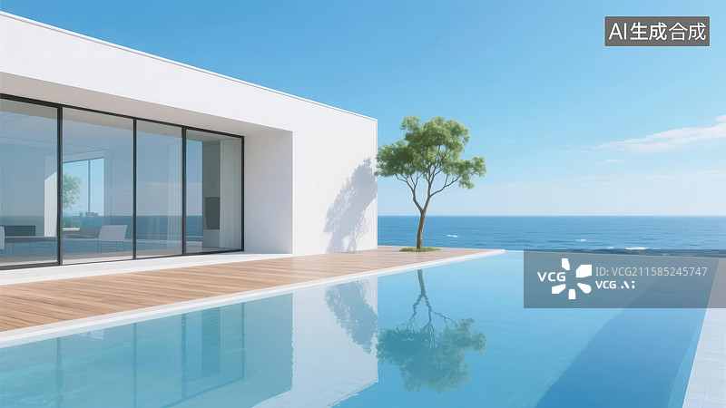 【AI数字艺术】现代别墅泳池海景图片素材
