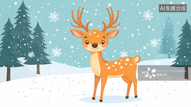 【AI数字艺术】冬季雪地里的可爱小鹿卡通插画图片素材