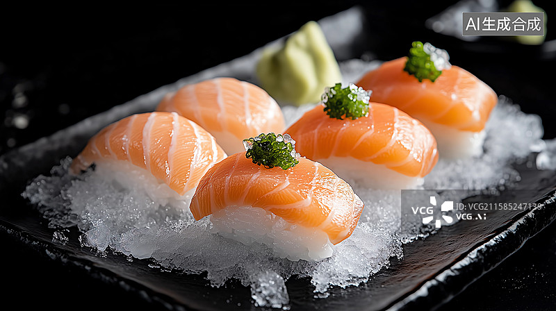 【AI数字艺术】新鲜的三文鱼寿司生鱼片图片素材