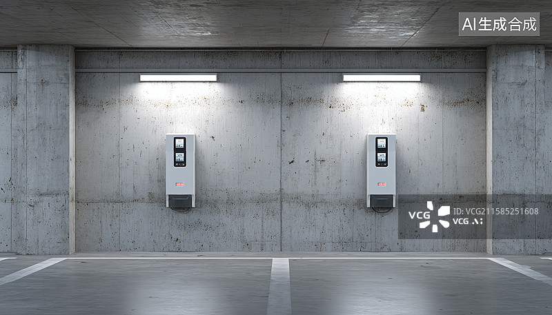 【AI数字艺术】工业风停车场充电场景：水泥墙面安装充电桩设备，照明灯光下呈现车位充电设施画面图片素材