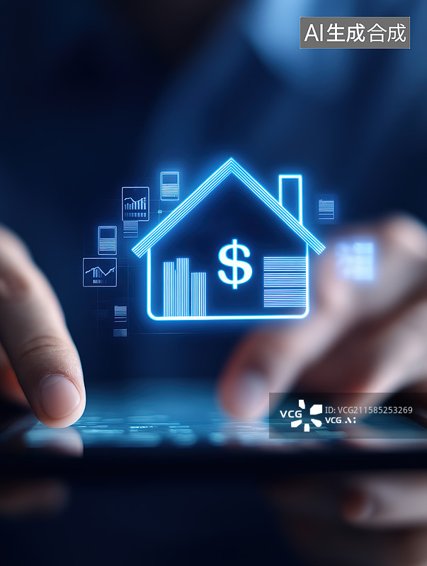【AI数字艺术】平板电脑上闪现出的房子模型透视图——买房和房地产经纪人概念图片素材