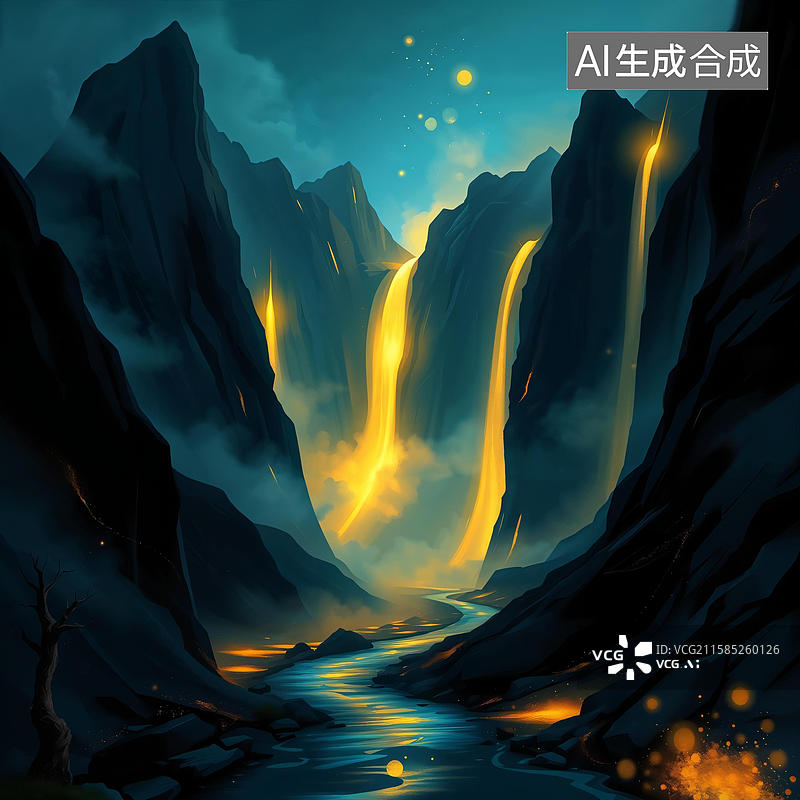 【AI数字艺术】奇幻山谷中的金色瀑布图片素材