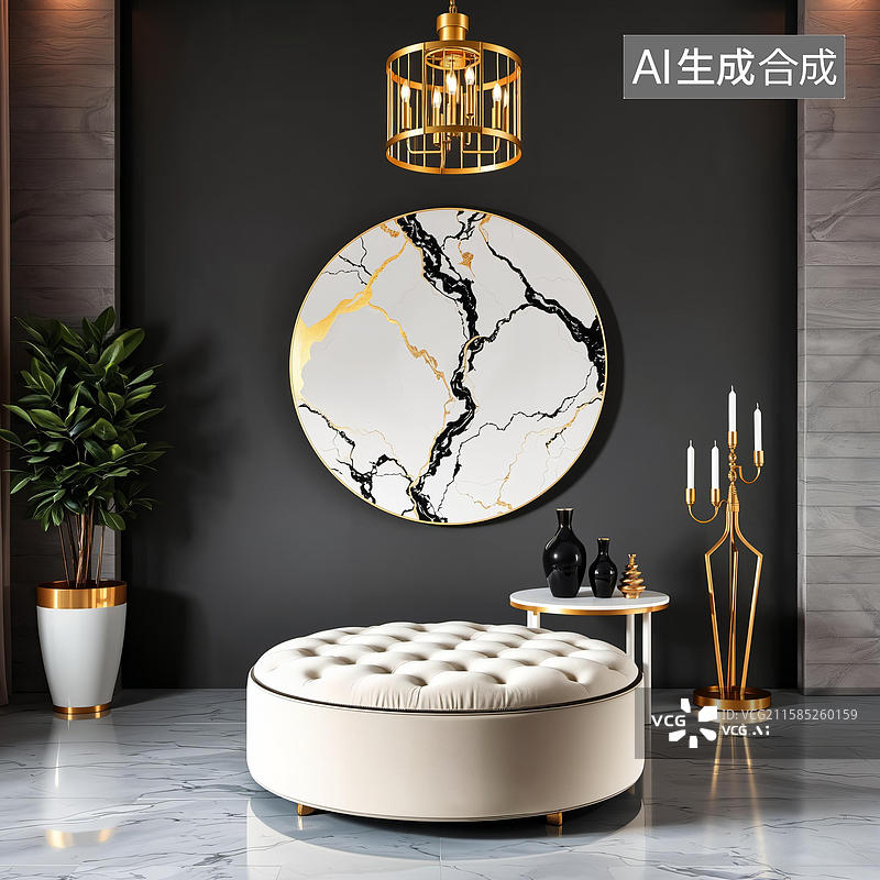 【AI数字艺术】现代客厅装饰，圆形沙发与大理石墙艺术图片素材