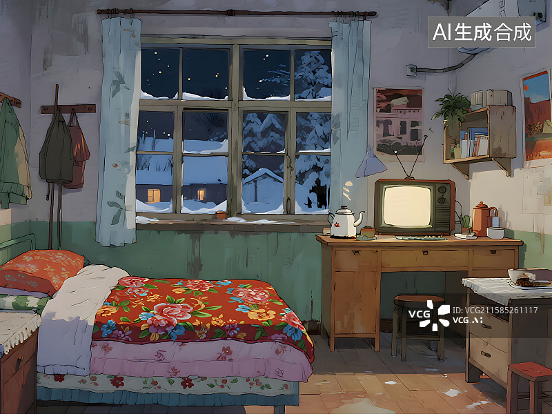 【AI数字艺术】怀旧小屋，室内装饰图片素材