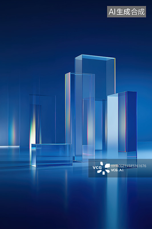 【AI数字艺术】蓝色背景下的透明柱体排列图片素材