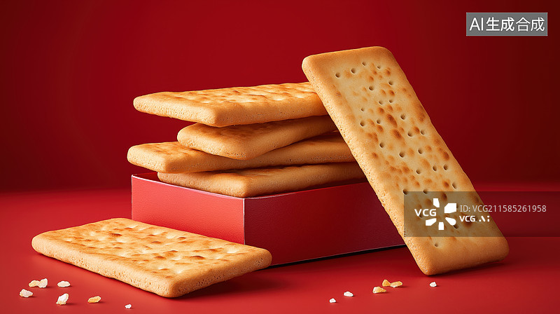 【AI数字艺术】红色背景上的饼干堆叠图片素材
