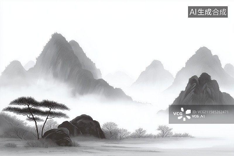 【AI数字艺术】雾中群山与松树图片素材