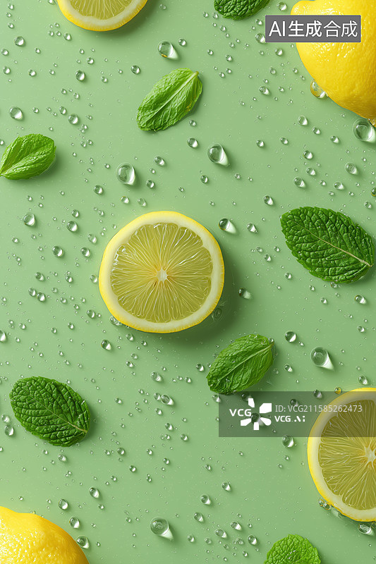 【AI数字艺术】柠檬薄荷水滴清新背景图片素材