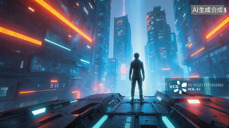 【AI数字艺术】未来城市中的孤独身影图片素材