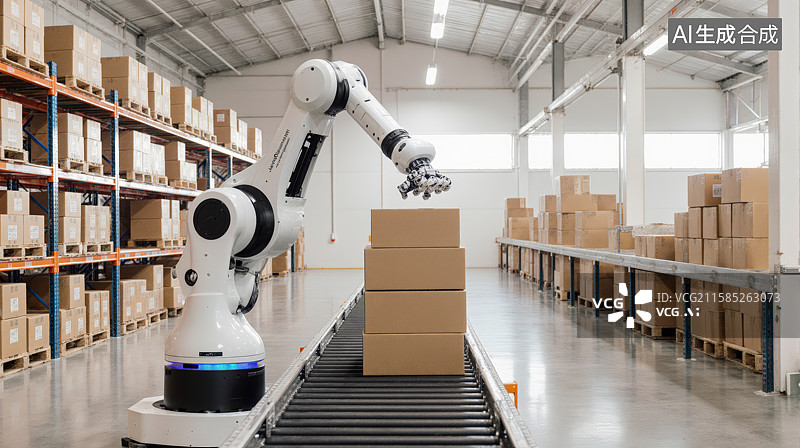 【AI数字艺术】仓库中的机械臂搬运纸箱图片素材