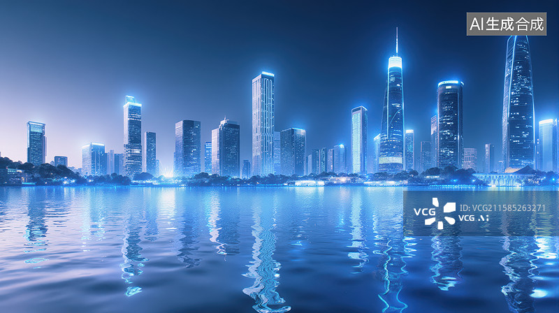 【AI数字艺术】夜景城市天际线与水面倒影图片素材
