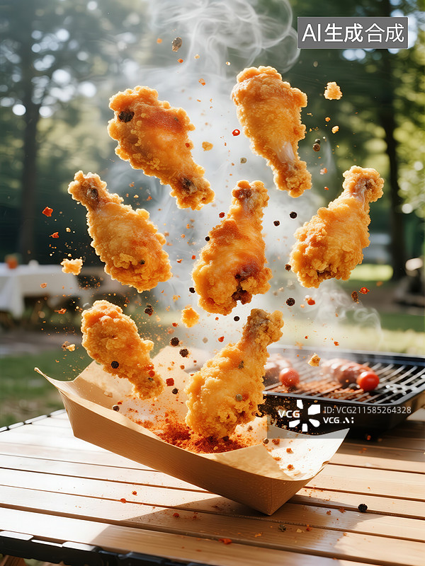 【AI数字艺术】炸鸡翅跃出纸盒，背景烧烤炉热气腾腾图片素材