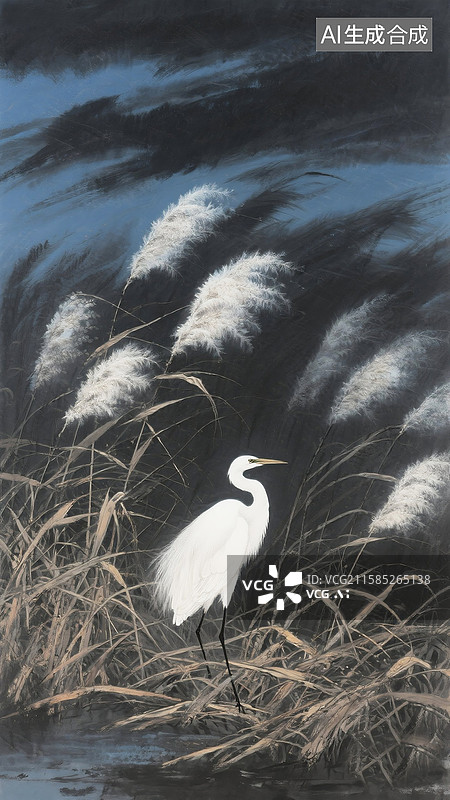 【AI数字艺术】中国风二十四节气系列插画-秋天 秋日户外风景 风吹芦苇荡山水画 暗色系 手机开屏壁纸 竖版图片素材