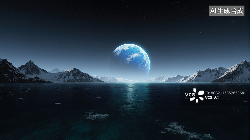 【AI数字艺术】夜空下的蓝色星球与雪山倒影图片素材
