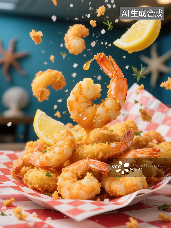 【AI数字艺术】金黄酥脆的炸虾配柠檬图片素材