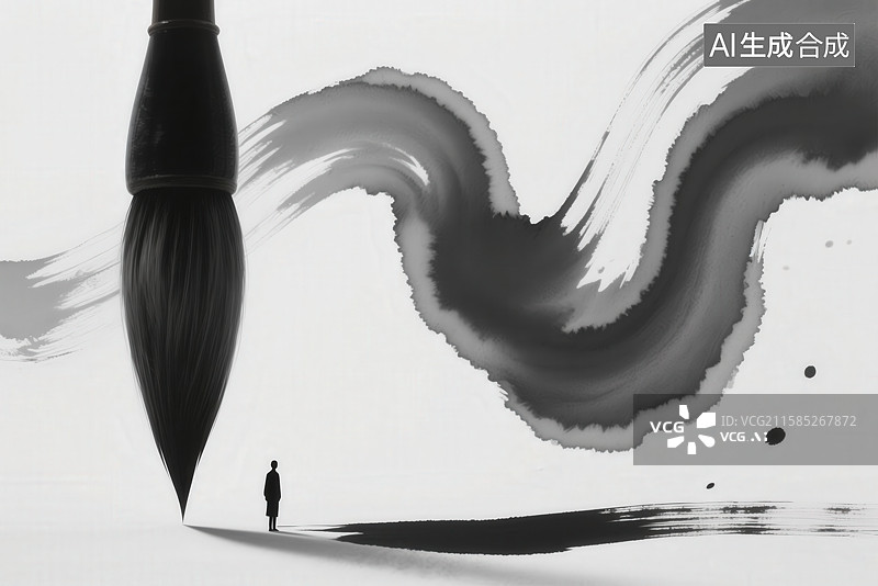 【AI数字艺术】墨笔挥洒，人影静观图片素材
