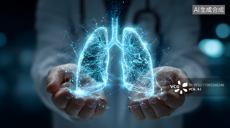 【AI数字艺术】医生双手托举发光肺部模型图片素材