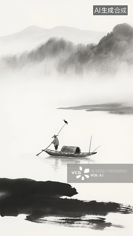 【AI数字艺术】雾中渔舟，静谧山水图片素材