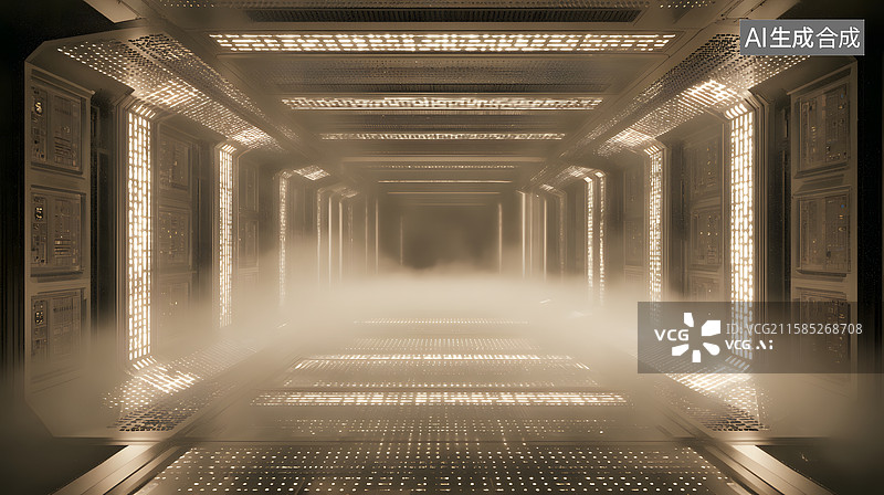 【AI数字艺术】科幻走廊，灯光与雾气交织图片素材