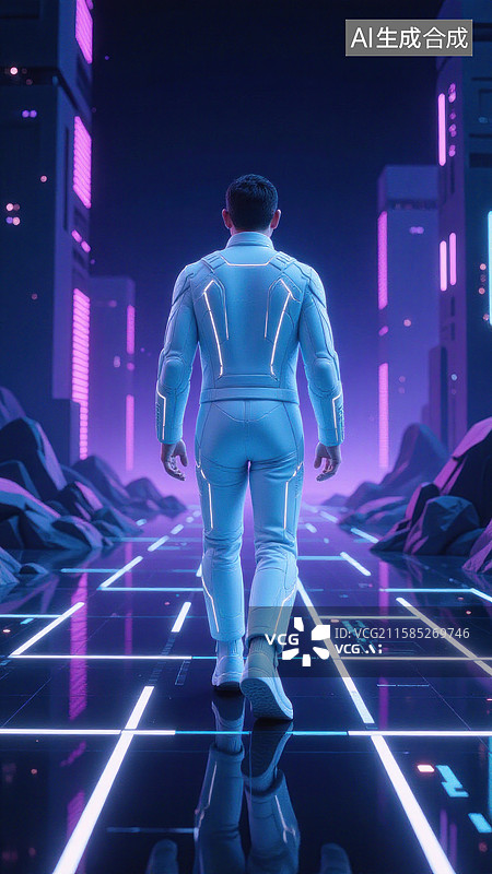【AI数字艺术】白色套装人物行走在霓虹未来都市图片素材