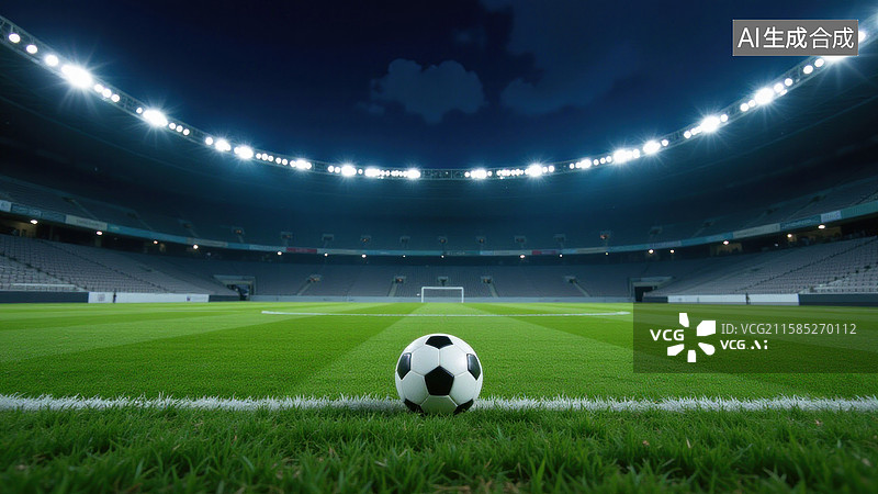 【AI数字艺术】夜晚灯光下的足球场与足球图片素材