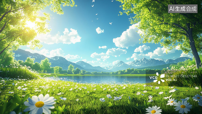 【AI数字艺术】阳光照耀下的草地湖泊自然风光图片素材