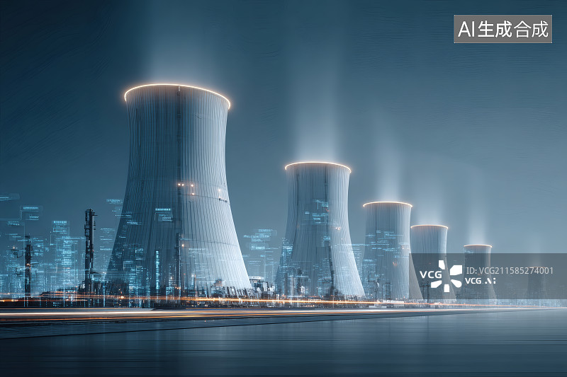 【AI数字艺术】火力发电厂中，一排排冒着白烟的巨大烟囱图片素材