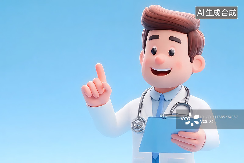 【AI数字艺术】蓝色背景，医生看着记录板对患者交代着注意事项图片素材
