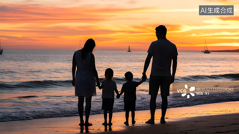 【AI数字艺术】海边夕阳下的家庭图片素材