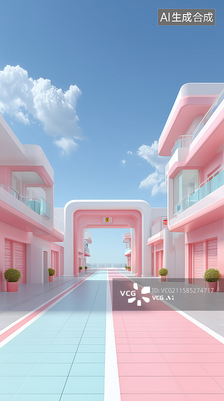 【AI数字艺术】粉色建筑宁静街道图片素材