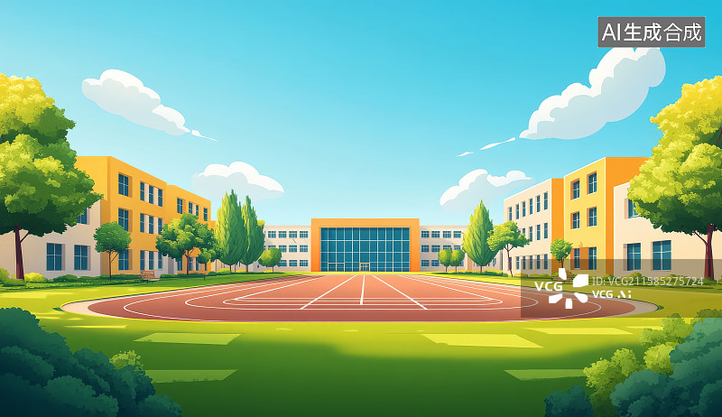 【AI数字艺术】校园户外操场与教学楼插画背景图片素材
