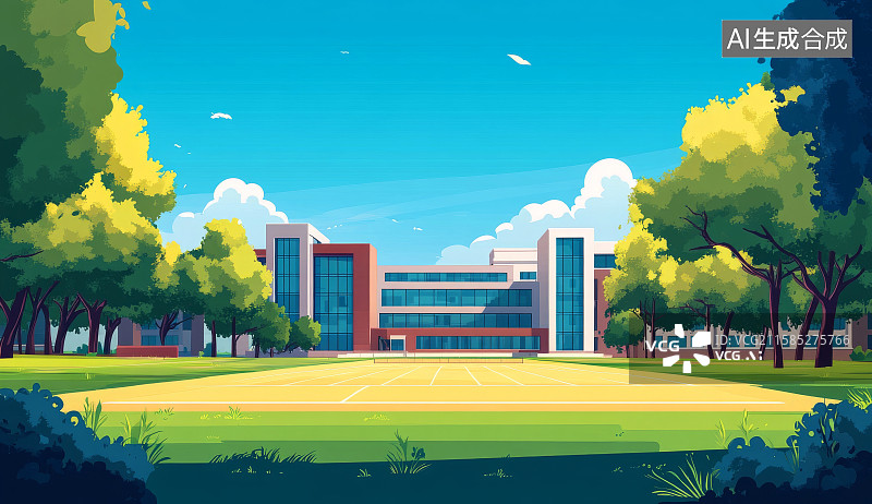 【AI数字艺术】校园户外操场与教学楼插画背景图片素材