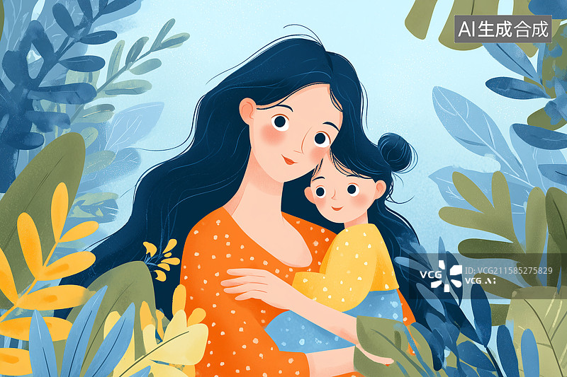 【AI数字艺术】绿意中母亲与孩子相拥的温馨时刻图片素材
