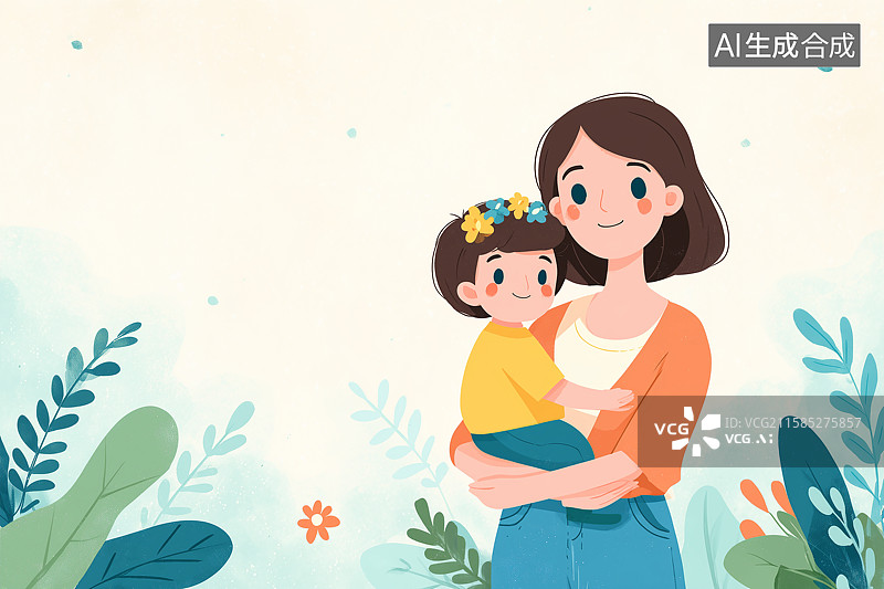 【AI数字艺术】绿意中母亲与孩子相拥的温馨时刻图片素材