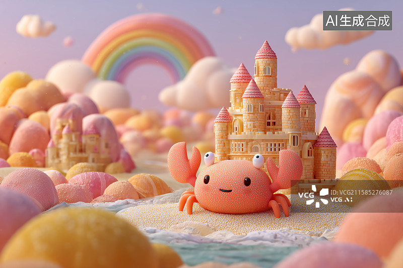 【AI数字艺术】糖果沙滩上的可爱螃蟹与彩色城堡图片素材